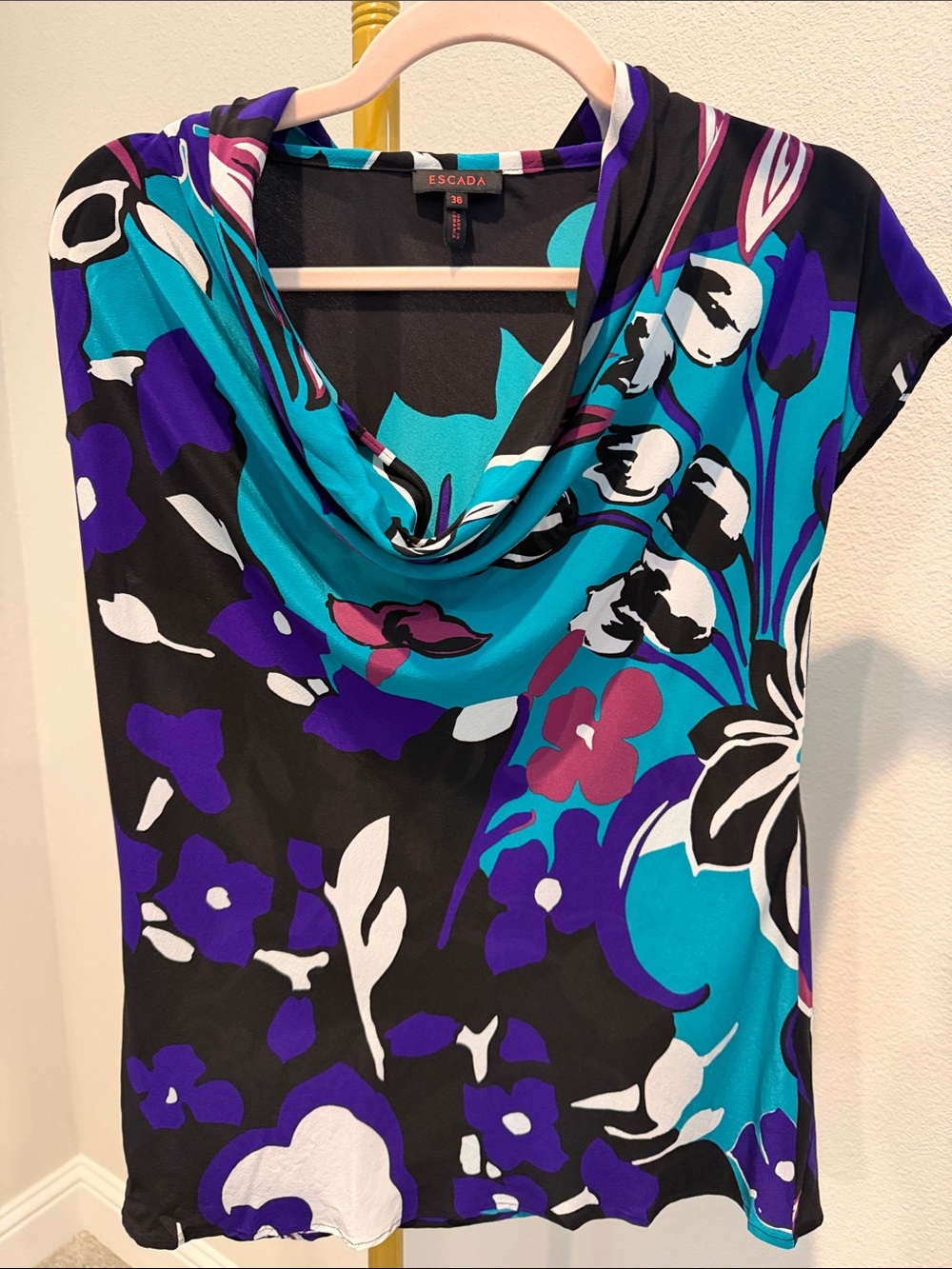 Escada Silk Cowl Neck Floral Print Blouse Top Black Blue Purple Size 36